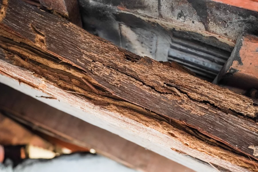 The wooden frame supporting the house roof is full of holes due to termite infestation.